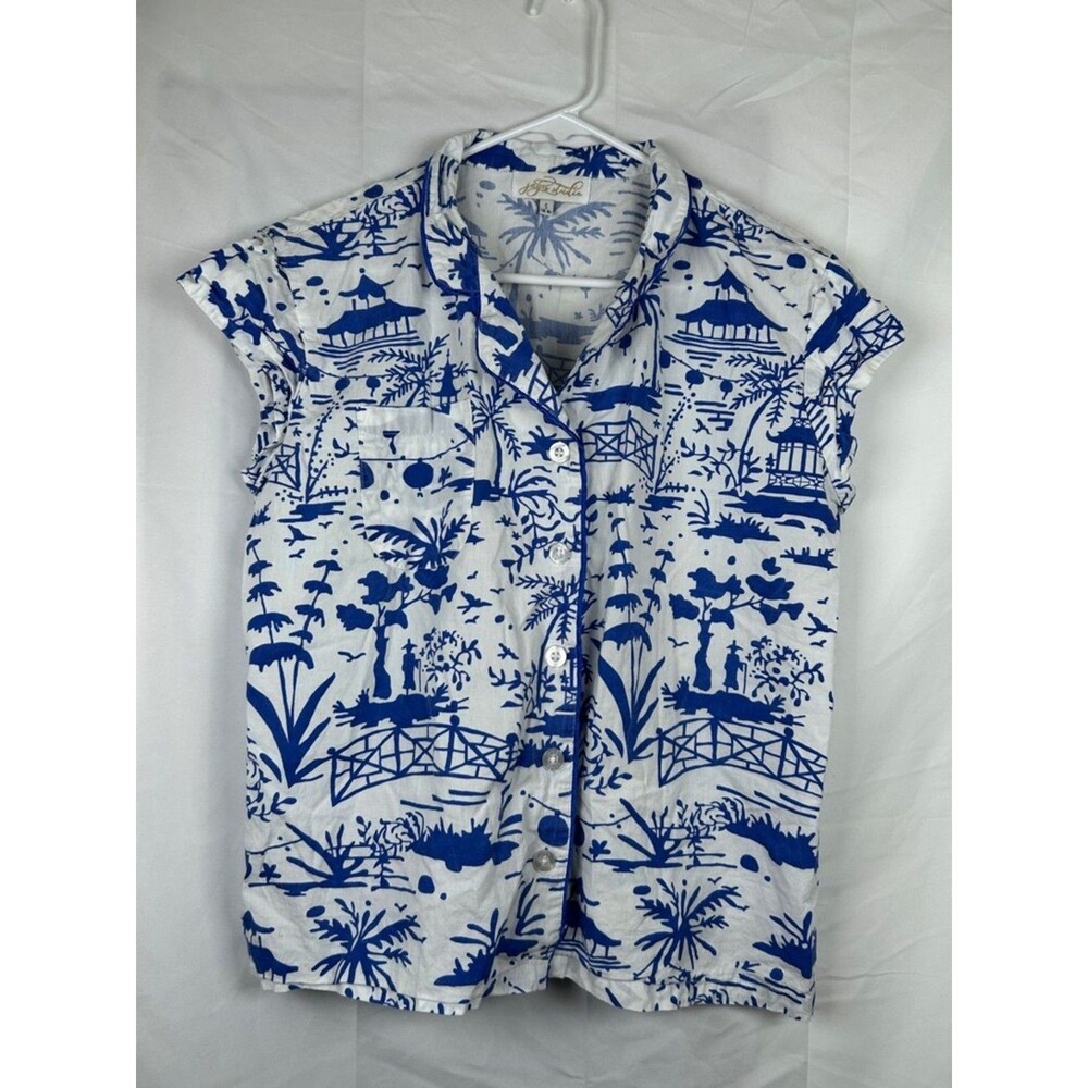 Jayes Studio Short Sleeves Cotton Button-up Pajama Top Small Blue White Toile